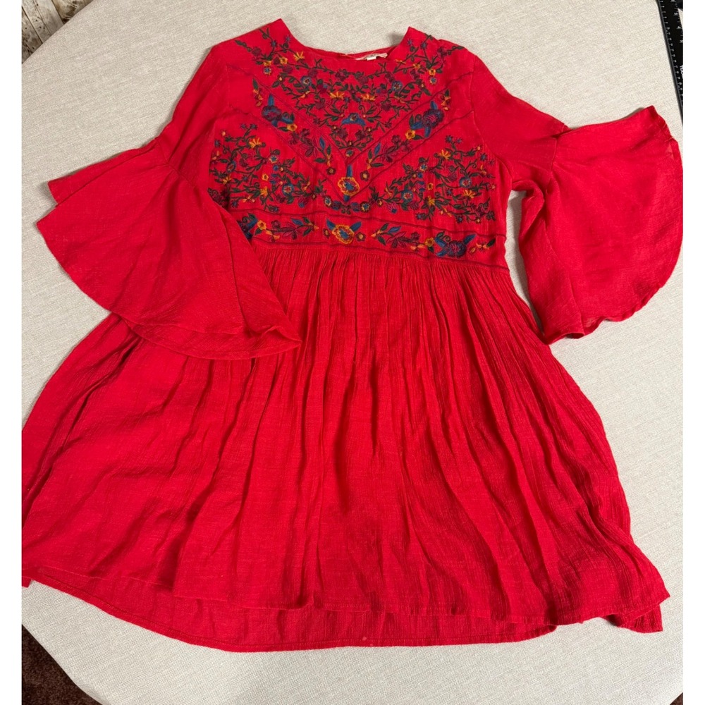 Umgee Red Embroidered Boho Bell Sleeve Tunic Dress Small